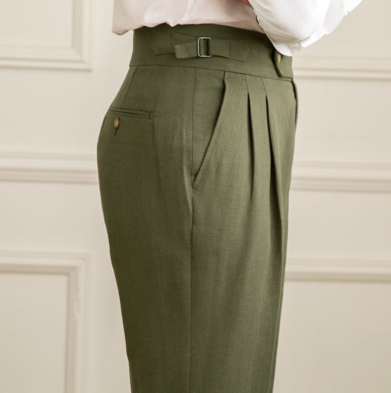 Casino Royale Linen Blend Double Pleated Straight Fit Trousers