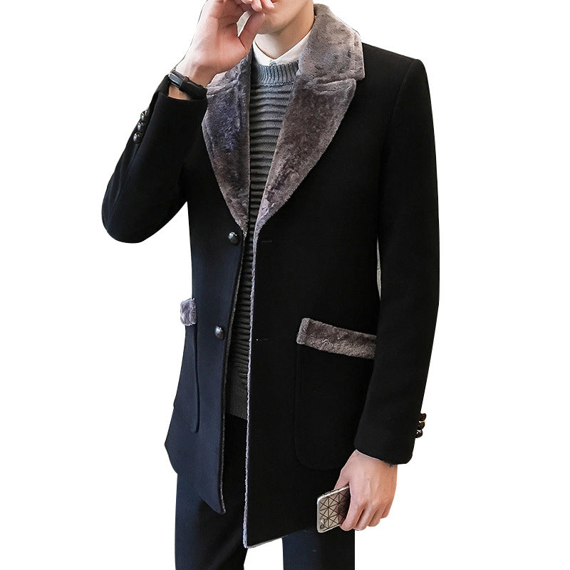 Mid-length fur collar plus size men's slim-fit woolen coat