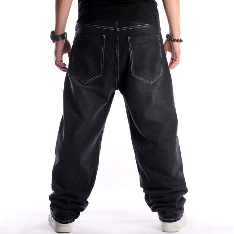 Pantalones vaqueros lavados negros Hip Hop sueltos de talla grande para hombre