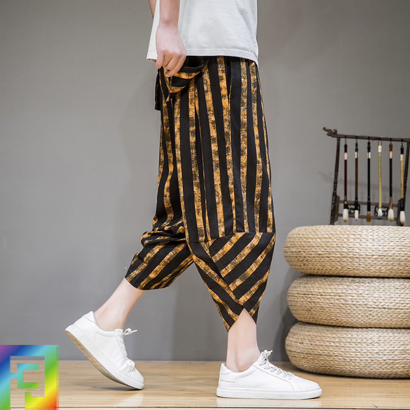 Striped Carrot Plus Size Loose Beach Pants Cropped Pants