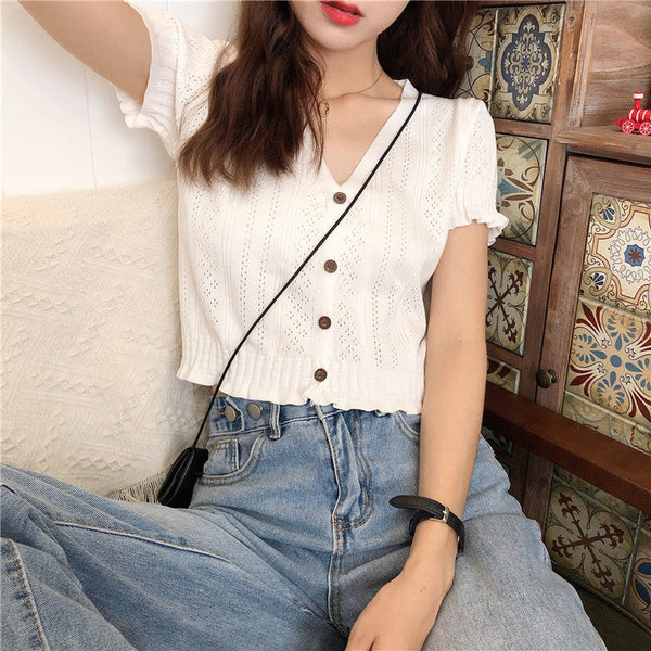 V-Neck Knitted Short Sleeve T-shirt