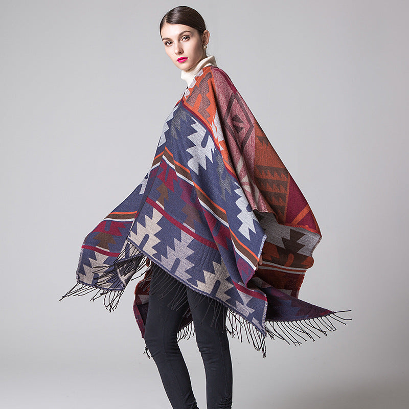 geometric diamonds long thickening cashmere ethnic wind travel split shawl cloak