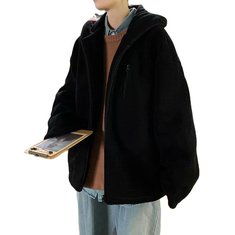 Hooded Multi Pocket Lamb Cashmere Handsome Jacket