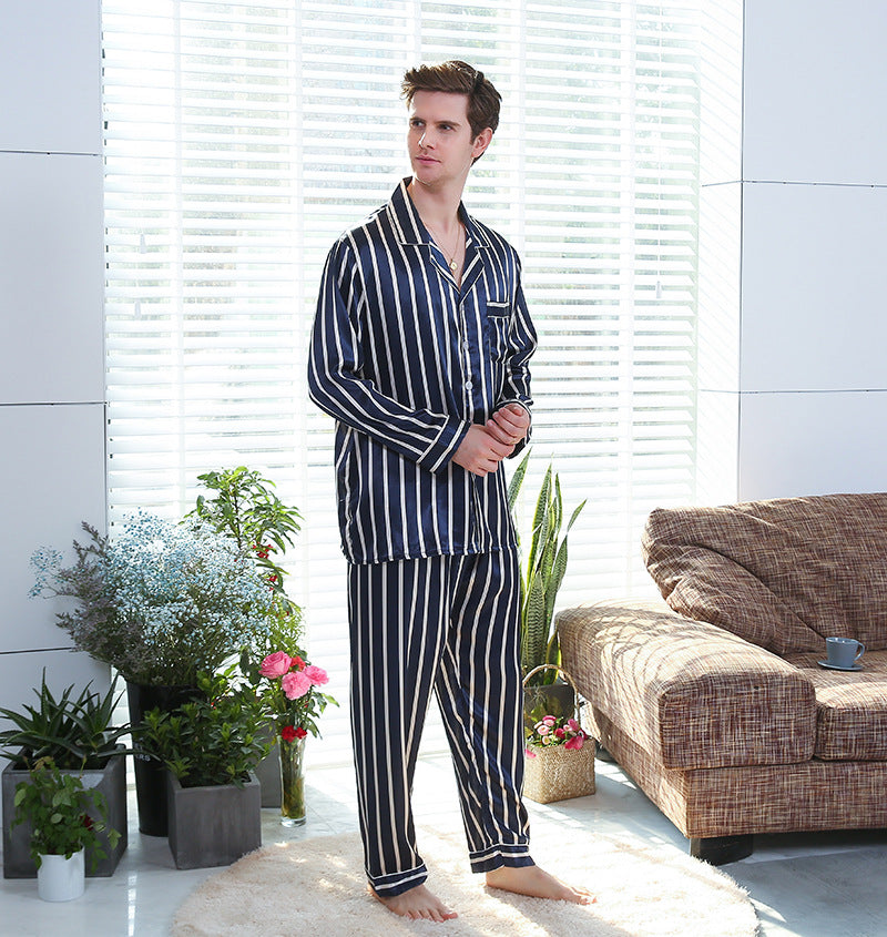 Fall men's simulated silk stripe pajamas