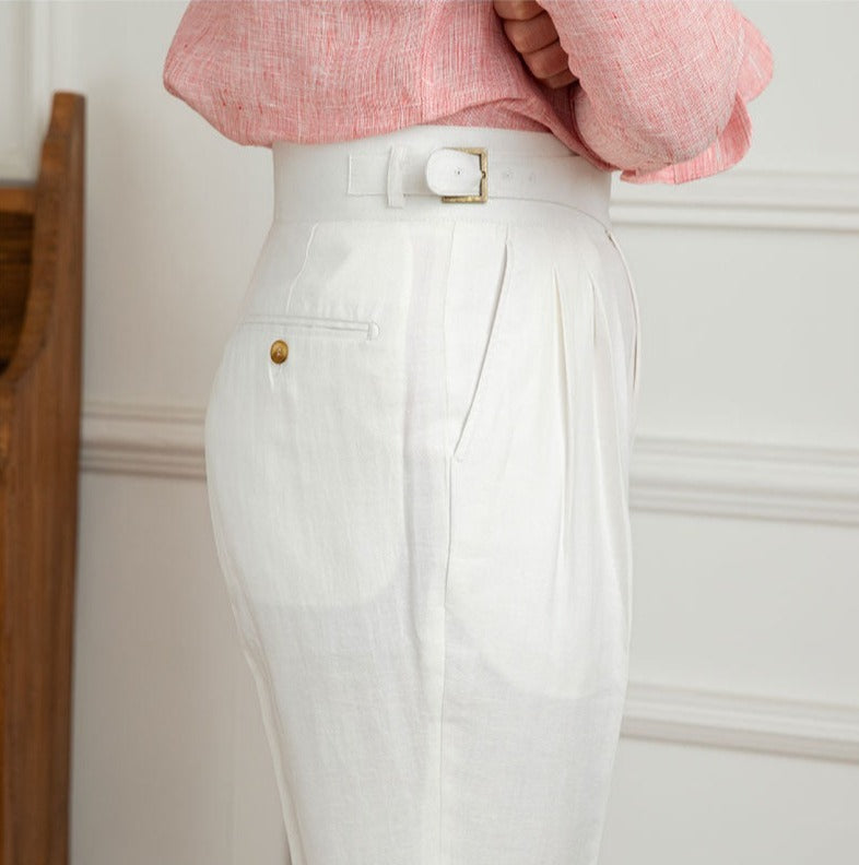 Monza Linen Blend Double Pleated Straight Fit Trousers