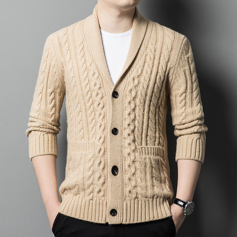 Cardigan tricoté pour homme en jacquard épais à simple boutonnage