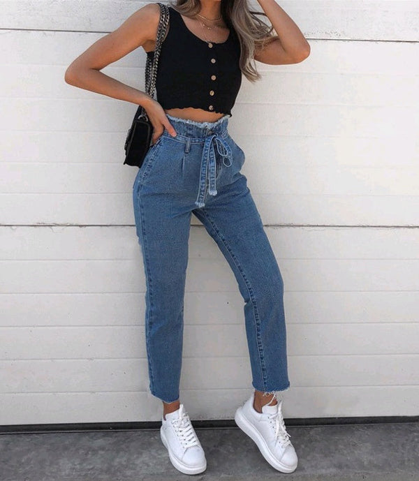 Flowerbed High Waist Belted Jeans Women