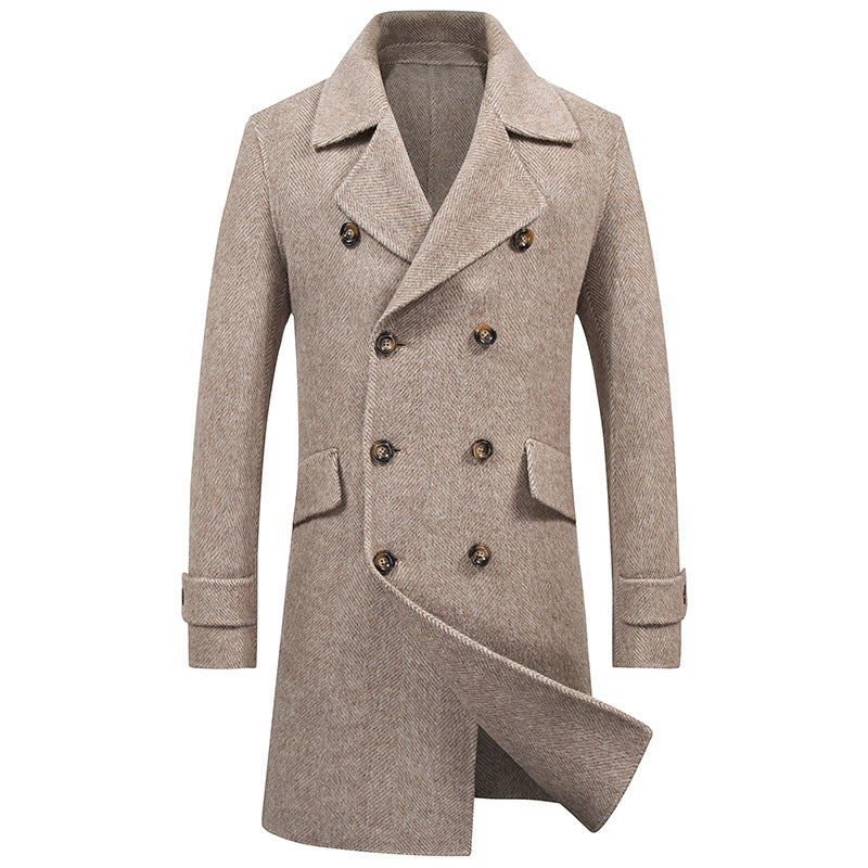 Double-breasted mid-length woolen trench coat