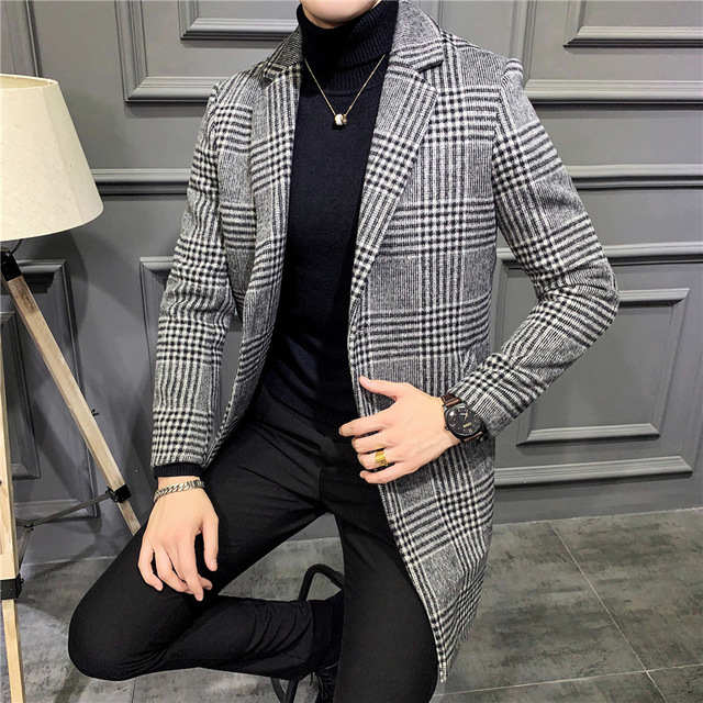 Long Woolen Gentleman plaid trench Coat