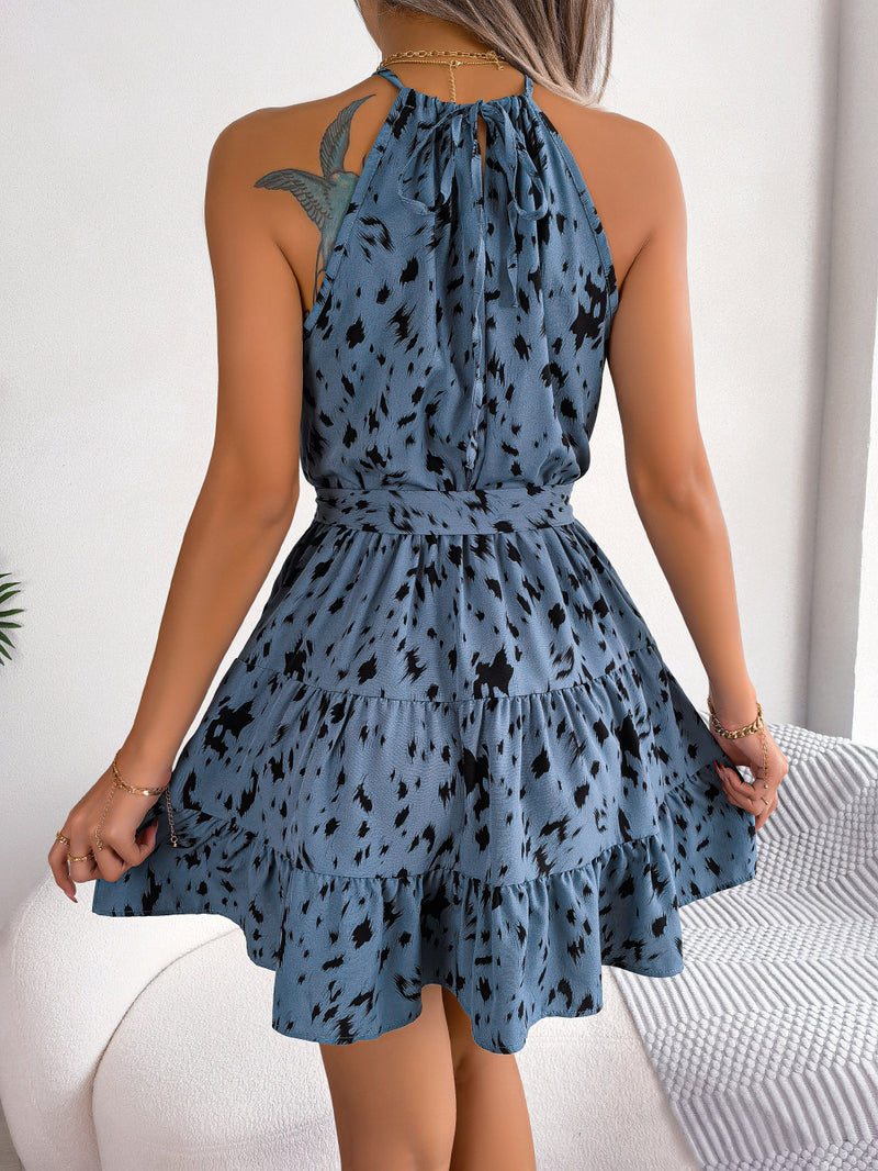 Vestido casual de verano con vuelo y volantes con estampado de leopardo