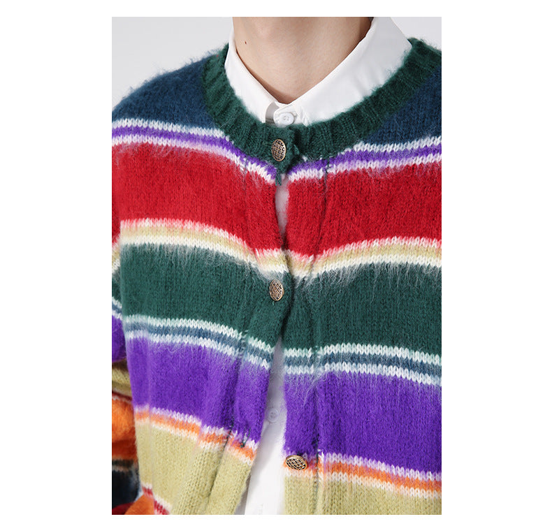 Retro Contrast Color Rainbow Striped Cardigan Knitted Sweater For Men