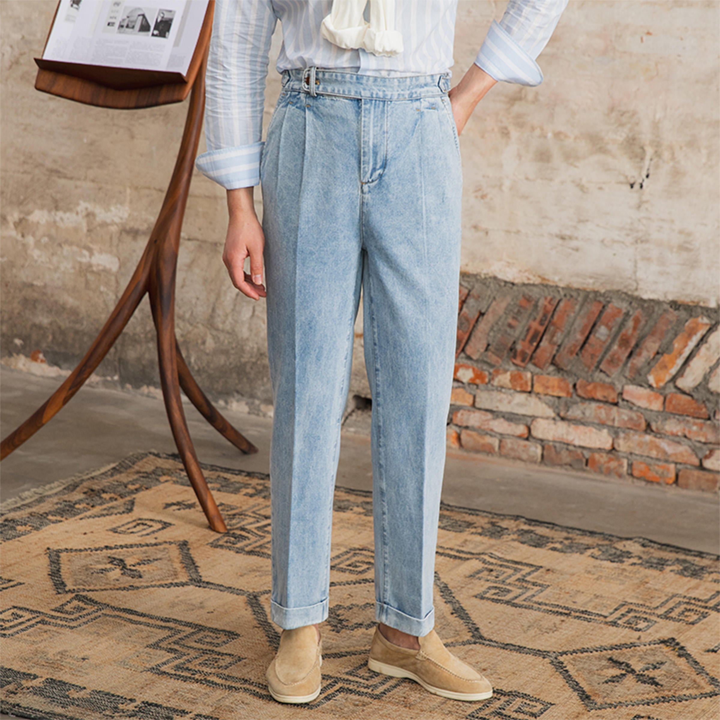 Barcelona Cotton Pleated Straight Fit Denim Trousers