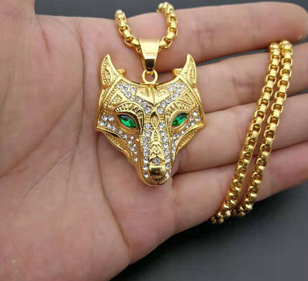 Gold Viking Wolf Head Necklace Pendant With Chain