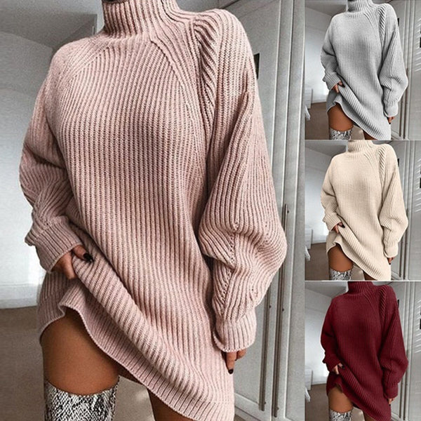 Solid Turtleneck Winter Warm Sweater Dress women