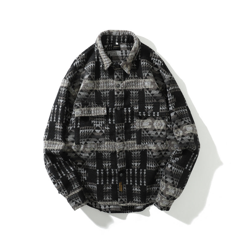 Retro woolen plaid long sleeve shirt