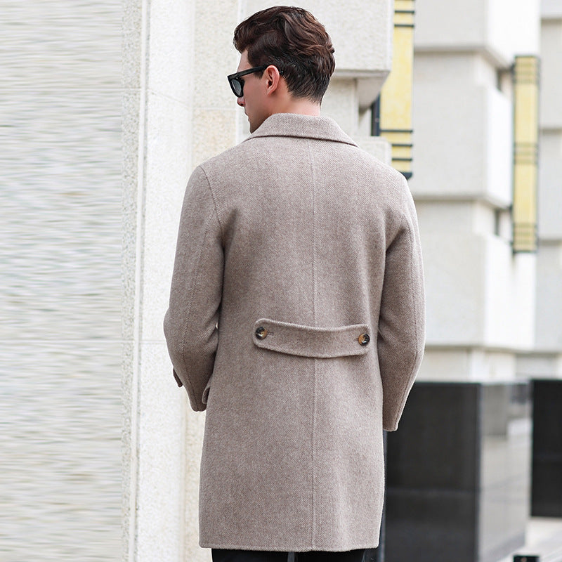 Double-breasted mid-length woolen trench coat