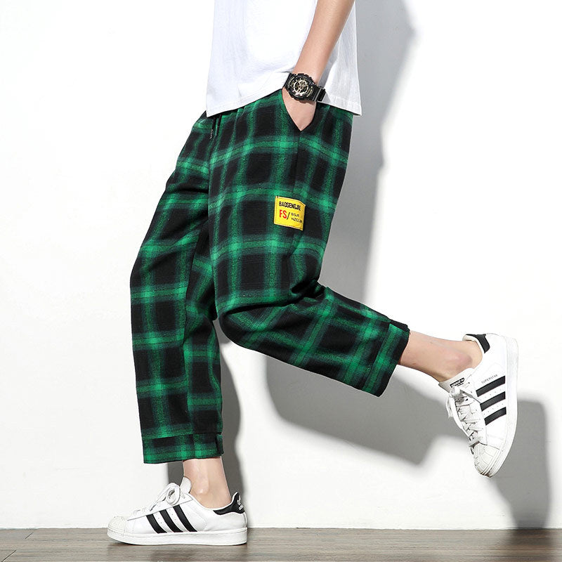 Plaid nine-point pants men