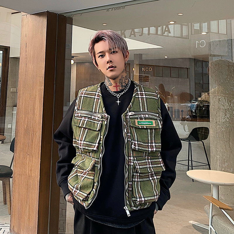 Green plaid hip-hop handsome loose cardigan jacket