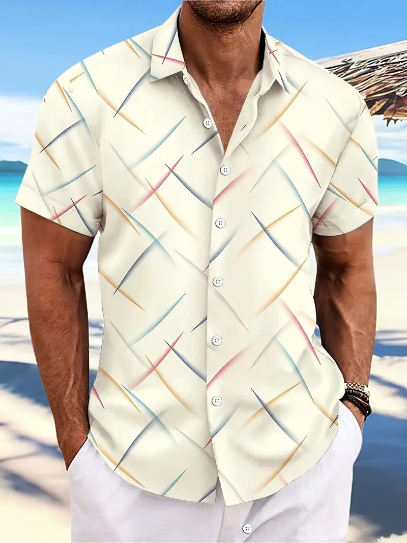 Summer Men's Striped Feather Casual Beach Short Sleeve Button Shirt