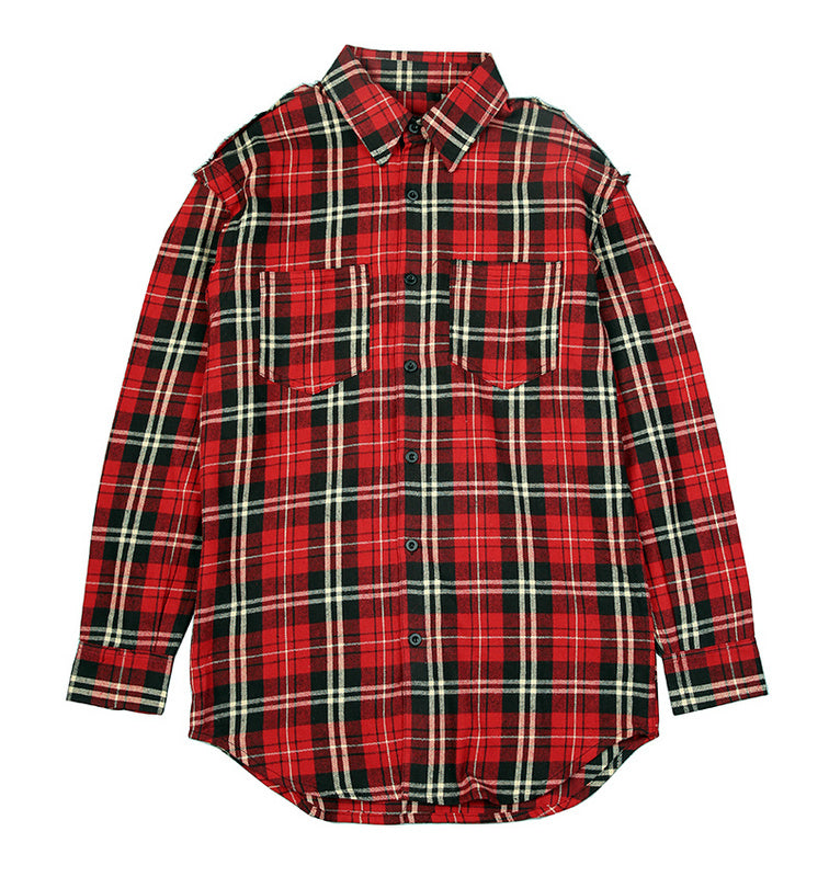 Scottish Red Plaid Long Tattered Rock Bottoming Cotton Shirt