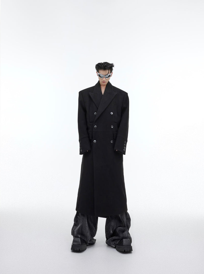 Three Dimensional Deconstruction Shoulder Pad Woolen Long Coat