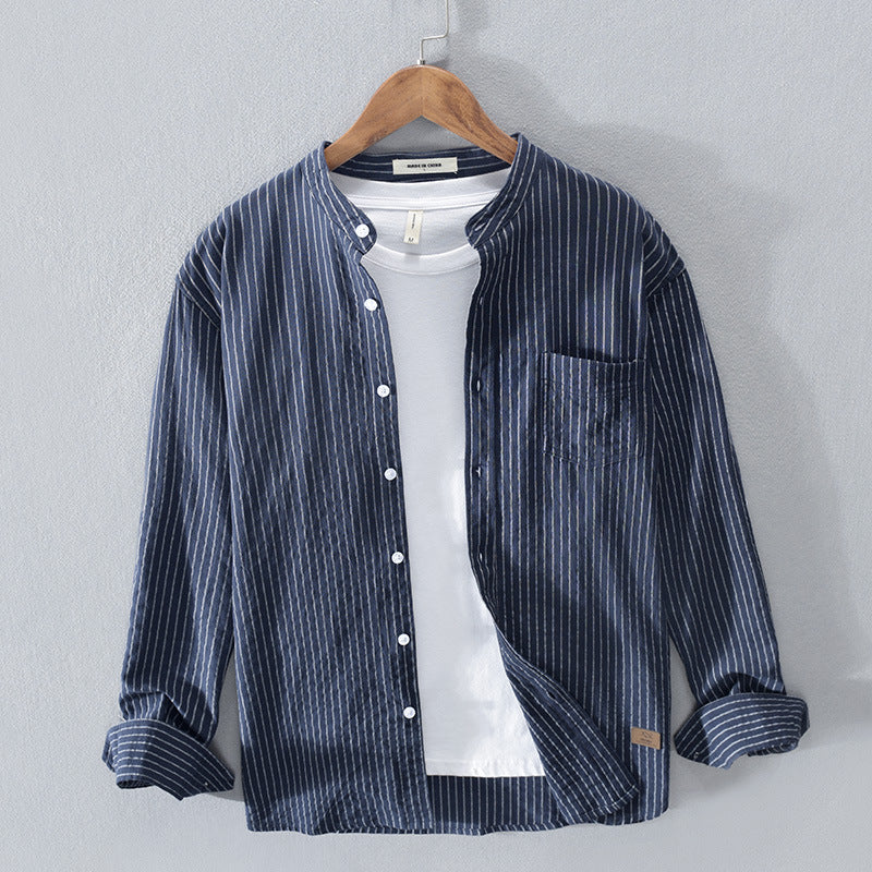 Men's Casual Striped Stand Collar Shirt