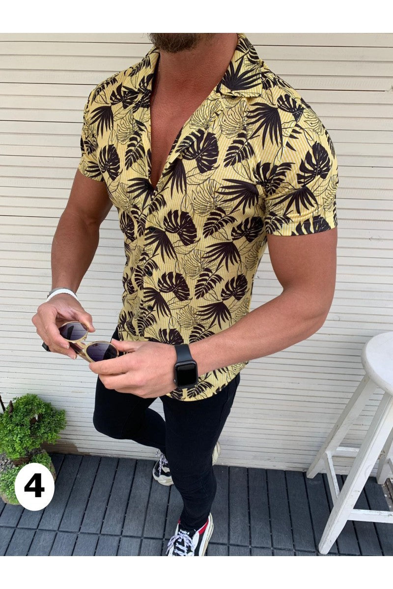 Short sleeve coconut leaf print men's shirt