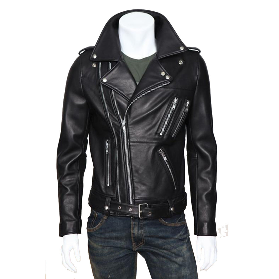 Multi-Zip Lapel Wash Leather Jacket