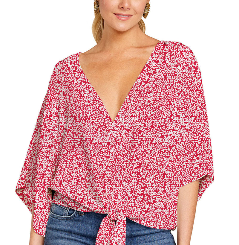 V-Neck Shirt Floral Printed Top Short Sleeve