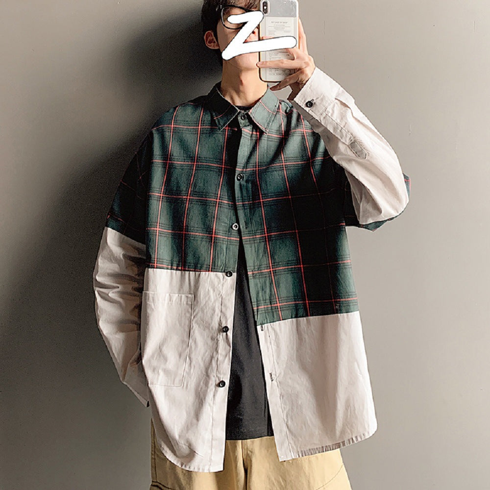 Autumn Japanese plaid stitching shirt men