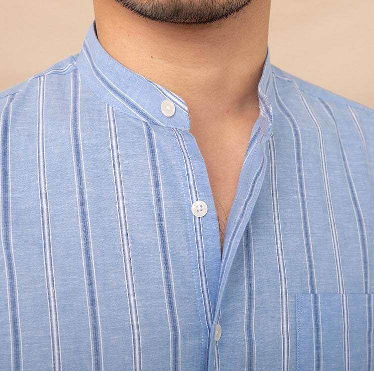 Linen Blend Striped Grandad Collar Shirt