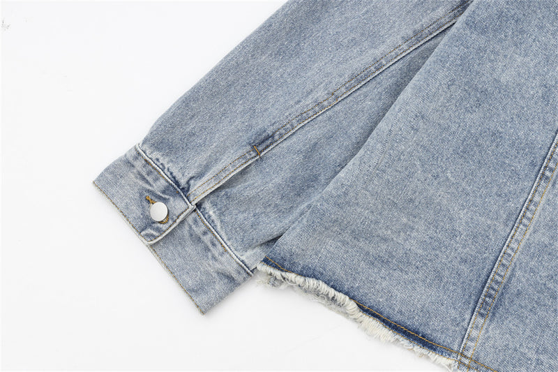 High Street Tide Wash Raw Edges Design Lapel Denim Jacket