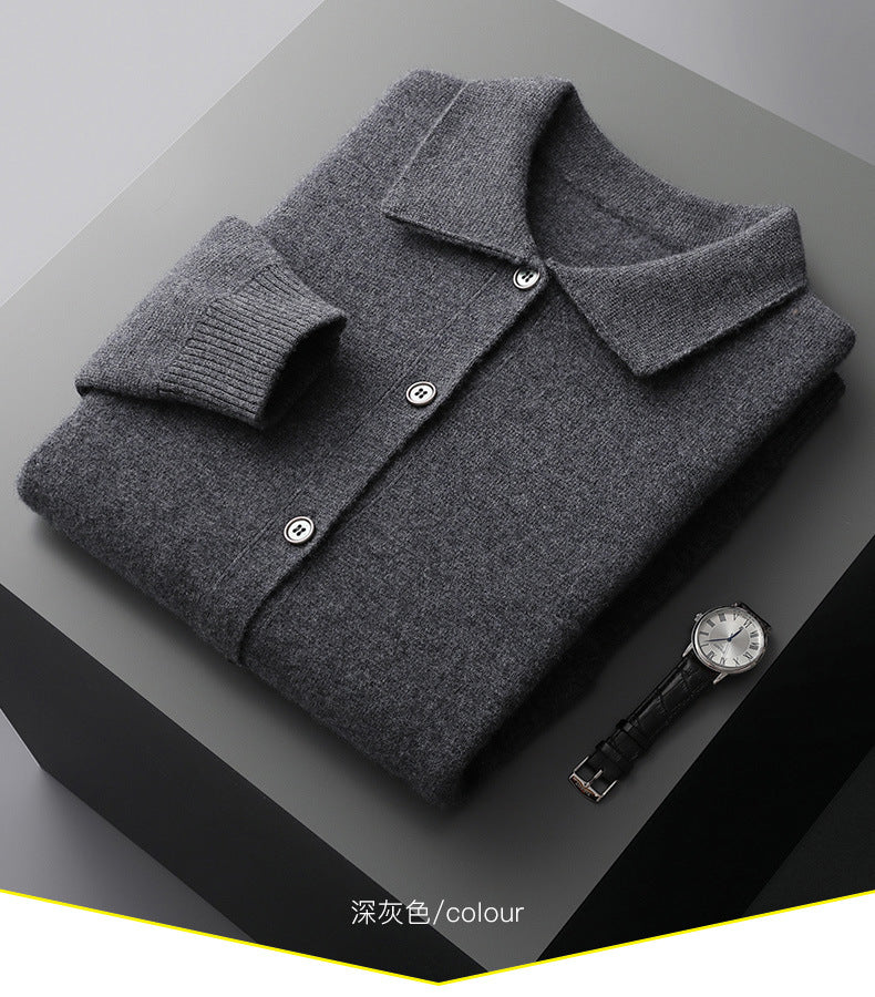 Men's Polo Collar Solid Color Wool Cardigan Winter Coat