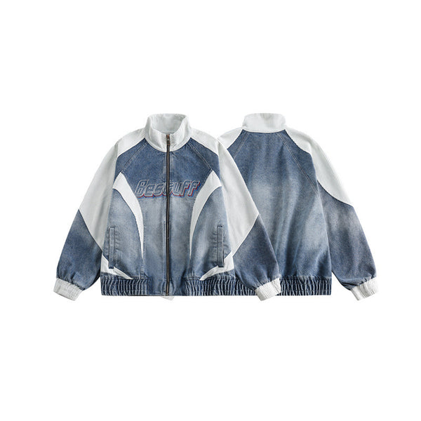 Retro Japanese Striped Short Style Stitching Denim Cotton Coat Jacket