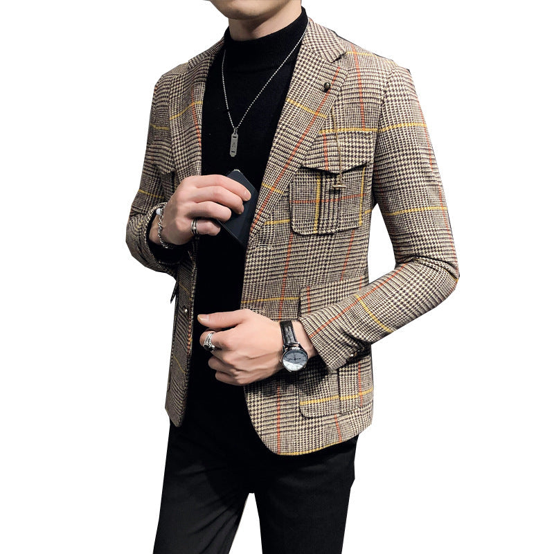 plaid casual men's slim suit jacket