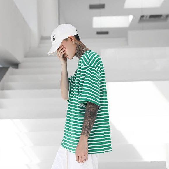 Loose green striped retro wind short sleeve