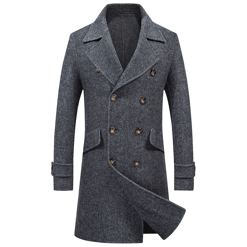 Double-breasted mid-length woolen trench coat