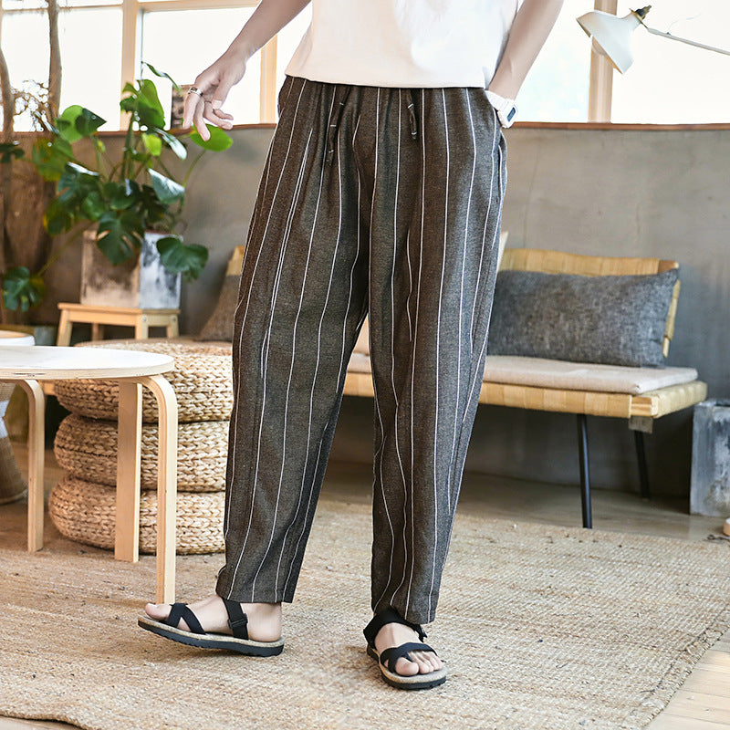 Linen casual loose pants vertical stripes straight trousers male