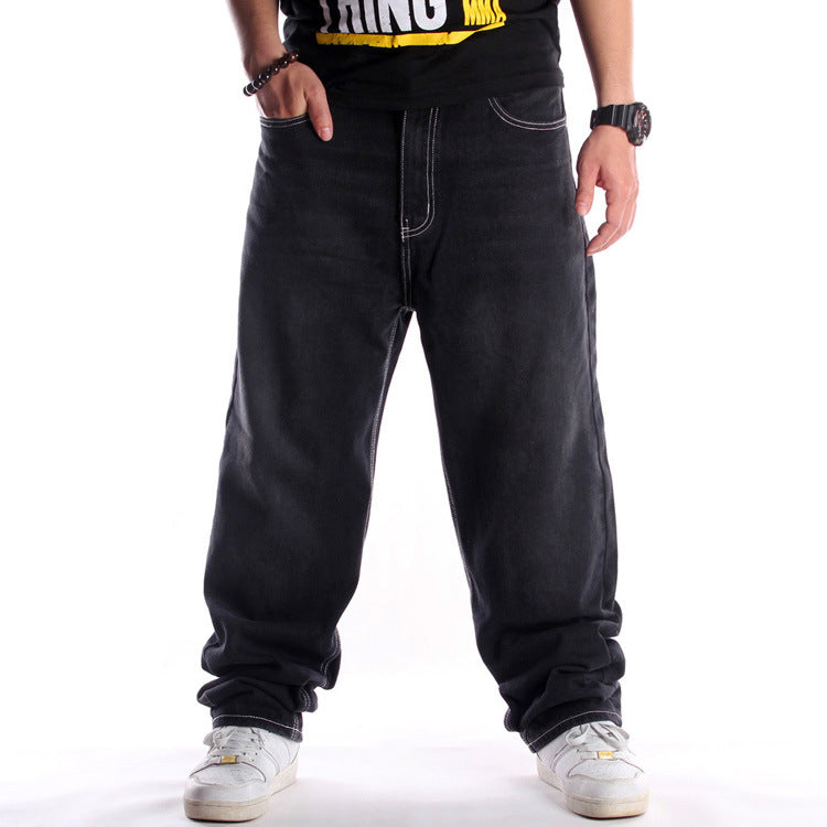 Black Washed Jeans Men's Hip Hop Loose Plus Size Trousers