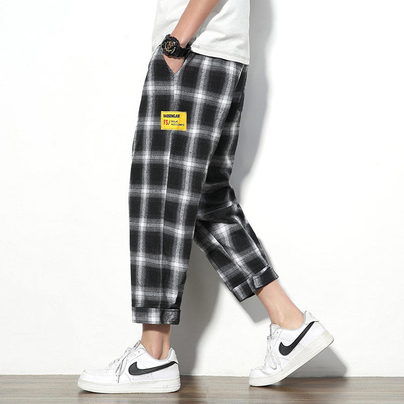 Plaid nine-point pants men