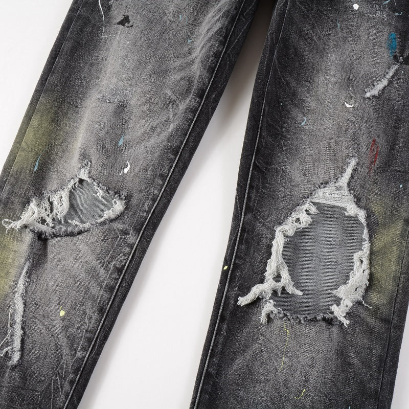 Vintage Distressed Paint Splashed Ink Stretch Gray Jeans For Men