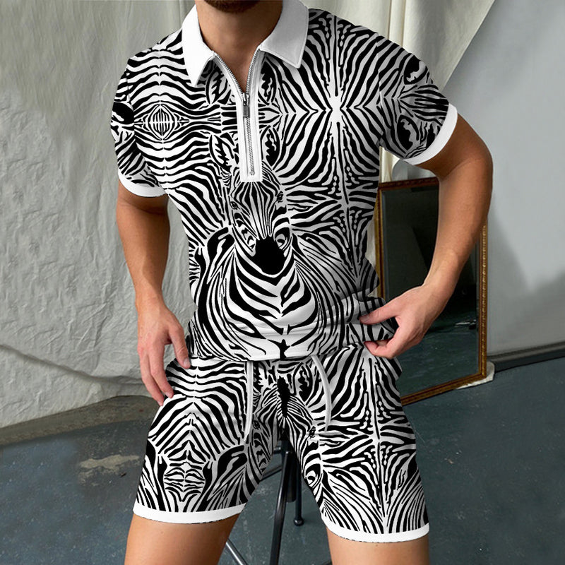 3D Printed Short Sleeve POLO Shirt Suit Men's Zipper Shorts