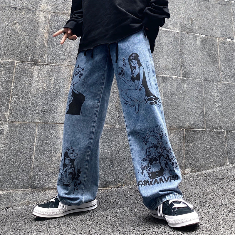 Cartoon Print Loose All Match Wide Leg Jeans Men