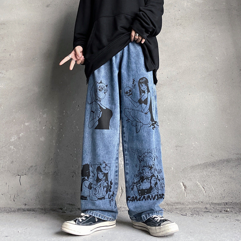 Cartoon Print Loose All Match Wide Leg Jeans Men