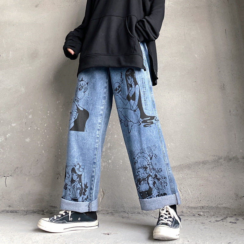 Cartoon Print Loose All Match Wide Leg Jeans Men