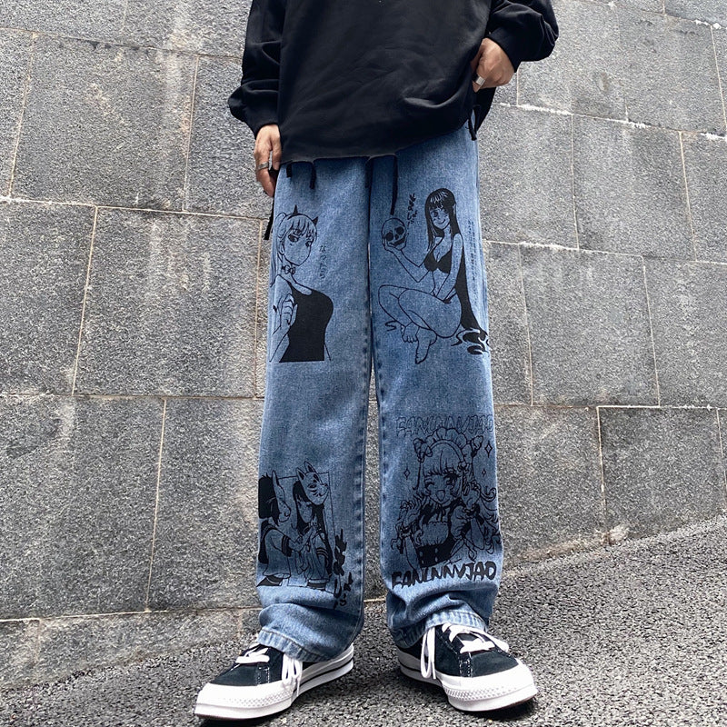 Cartoon Print Loose All Match Wide Leg Jeans Men