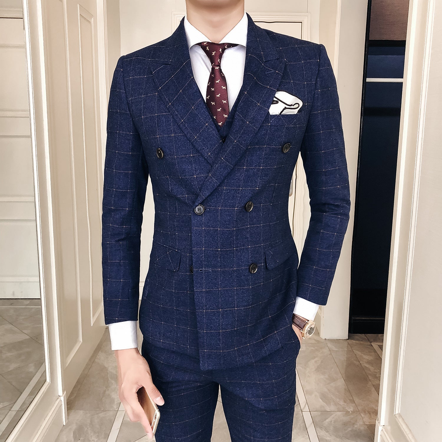 Three-Piece Korean Style Men's Plaid Slim Suit