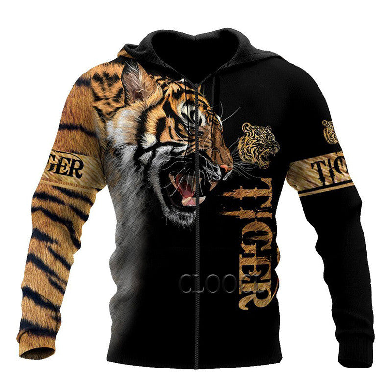 Sudadera con capucha y cremallera con impresión digital 3D de león