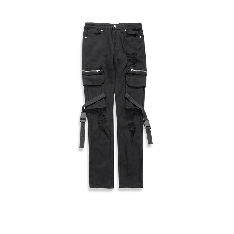 Pocket Buckle Streamer Functional Pants Couple Feet Jeans