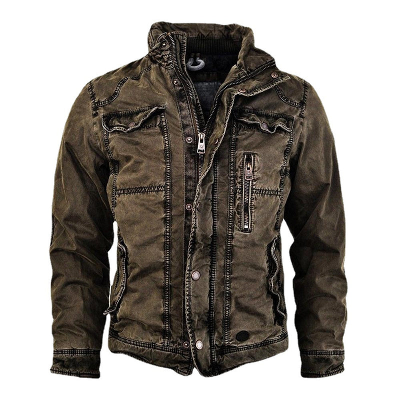 Chaqueta de cuero con cuello levantado para jóvenes, ropa exterior lavada, hombres